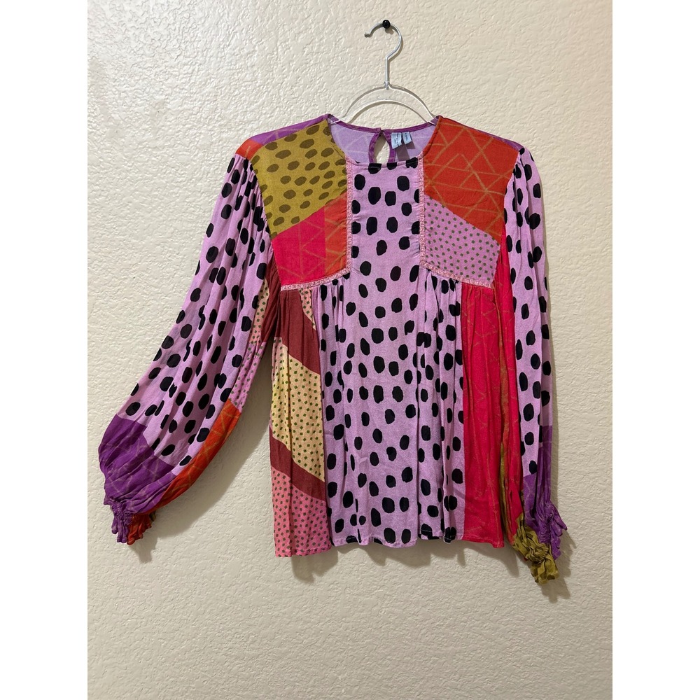 Anthropologie Blank London Miranda Shirt XS Polka Dot Blouse Pink Boho Glam Art